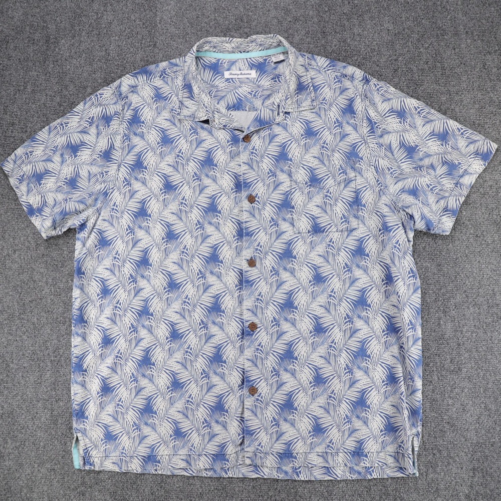 Tommy Bahama Mens 100% Silk Palm Leaf Print Camp Shirt Blue White XXL